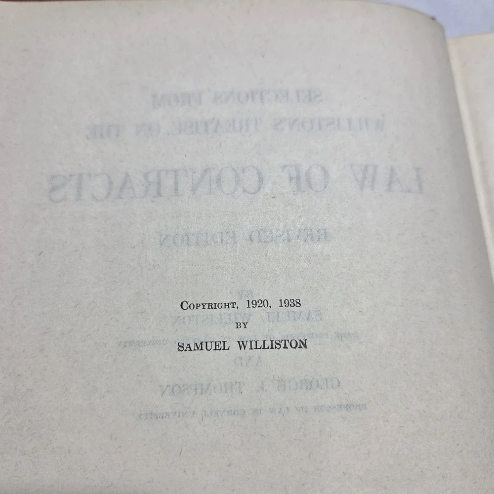 Williston on Contracts Law Book 1938 Revised Edition Samuel Williston‎ Thompson